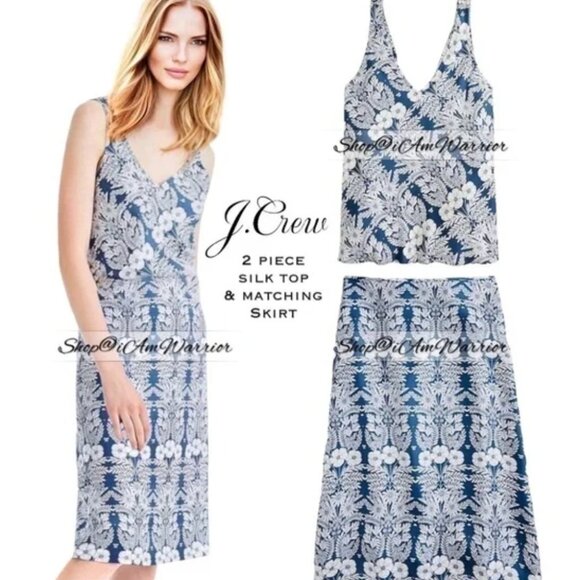 Abigail Borg J. CREW‎ Silk Blue Floral Slip Top AND Skirt Women's Size 6 SET - Picture 1 of 10